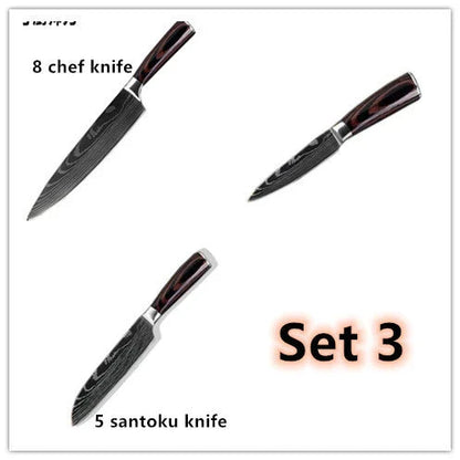 Premium 8-Piece Stainless Steel Chef Knife Set with Elegant Damascus Pattern Blades and Ergonomic Handles