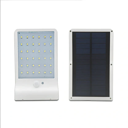 Black and white solar garden light with 36 LEDs, mounting rod option, automatic dusk operation