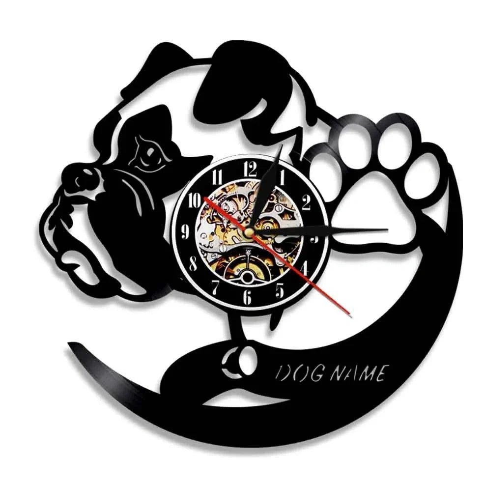 30cm vinyl record wall clock with dog breed designs, silent quartz movement, and pre-installed hook