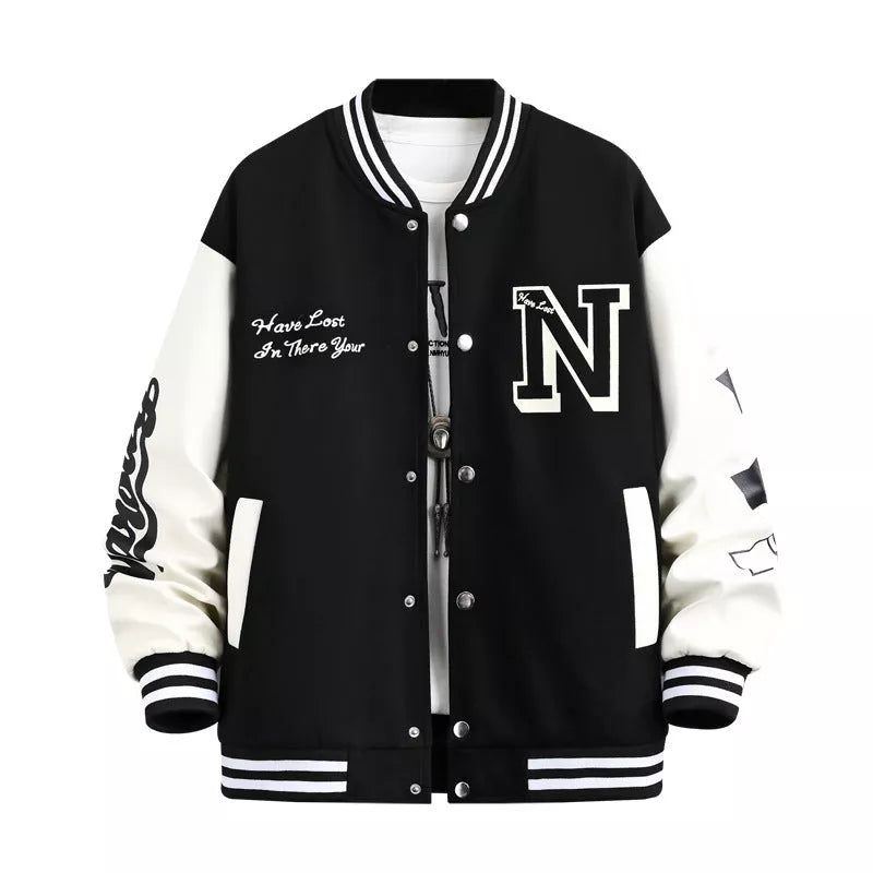 Men's letter print color block baseball jacket in black, blue, or green with round neck and button details