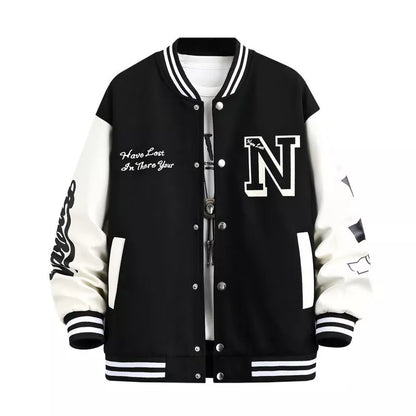 Men's letter print color block baseball jacket in black, blue, or green with round neck and button details