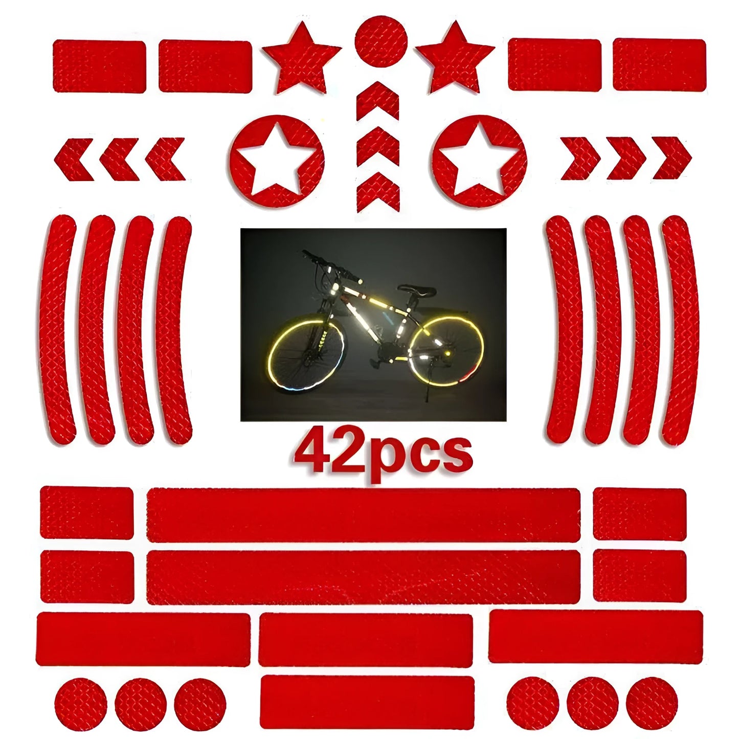Geometric grid pattern reflective safety tape for bicycles in blue, red, white, and fluorescent yellow.