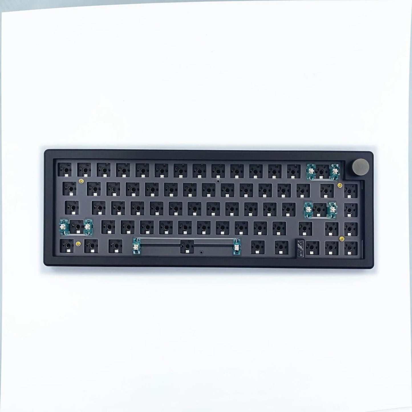 Customisable DIY mechanical keyboard kit with RGB backlighting and control knob, shown in multiple colour options