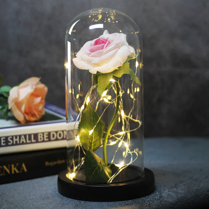 Enchanted Forever Rose in Glass LED Light Christmas Decoration with wooden base