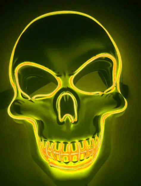 Blue LED glow skeleton mask with flashing lights on a person's face
