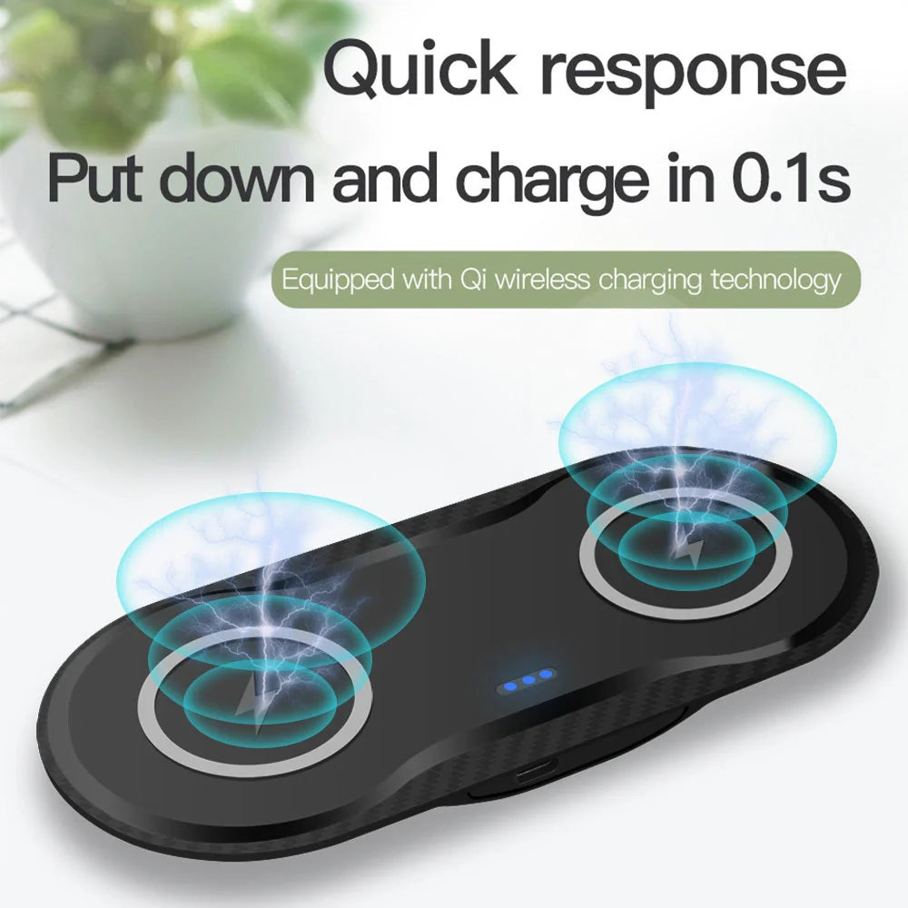 Dual wireless charger for mobile phones in black and white with intelligent temperature control