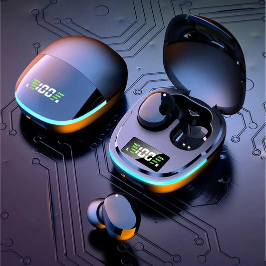 Black true wireless Bluetooth headphones with charging box showing digital battery display, silicone ear caps in three sizes