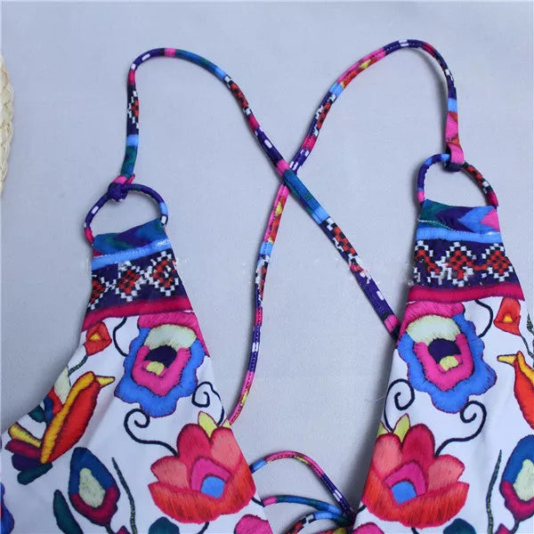 Floral bandage swimsuit with high elasticity and open back design