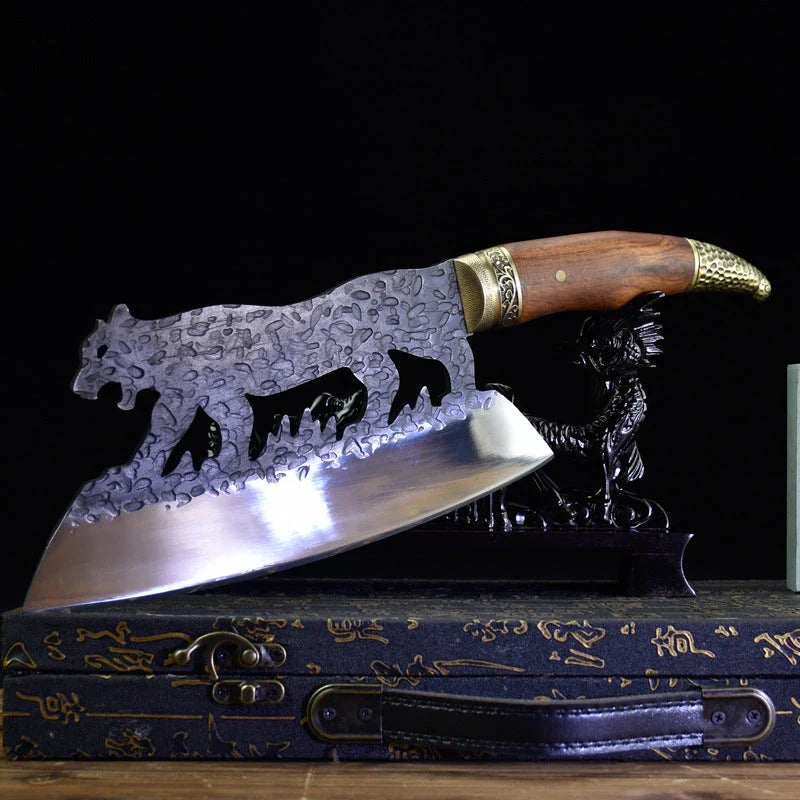 Premium forged meat cleaver with a thick, sharp manganese steel blade and a beautiful rosewood handle