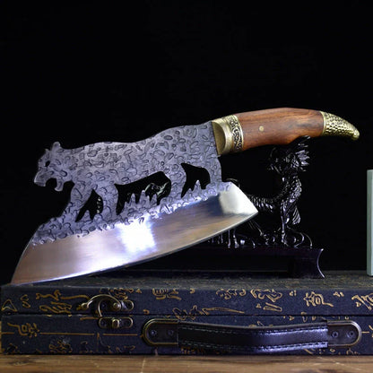 Premium forged meat cleaver with a thick, sharp manganese steel blade and a beautiful rosewood handle