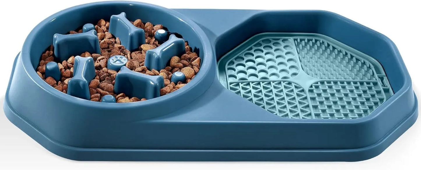 Blue interactive slow feeder dog bowl with maze pattern and non-slip base on a kitchen floor.