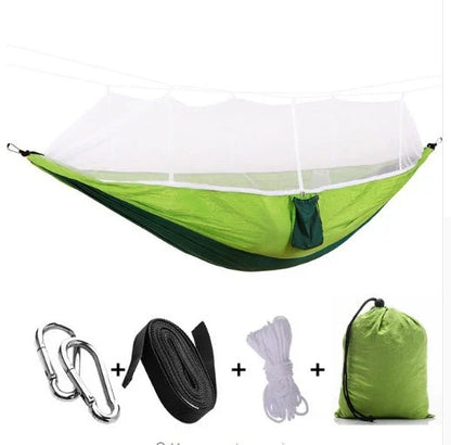 Lightweight and portable parachute hammock with mosquito net for outdoor relaxation