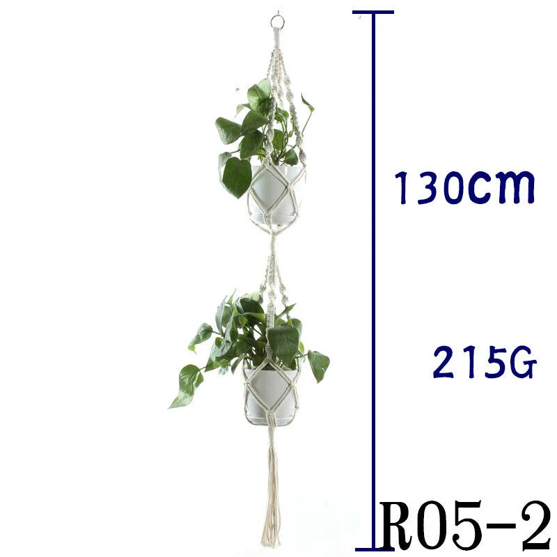 Beige cotton rope hanging basket with various styles for indoor plant display