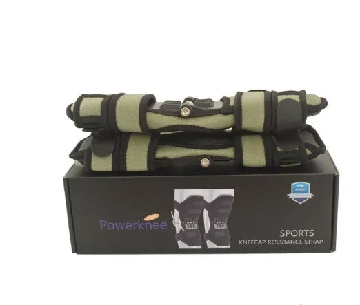 Adjustable spring knee brace for sports support in black, shown with straps.