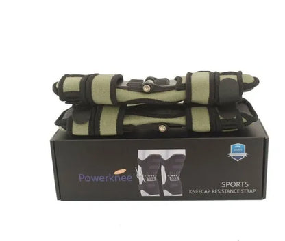 Adjustable spring knee brace for sports support in black, shown with straps.