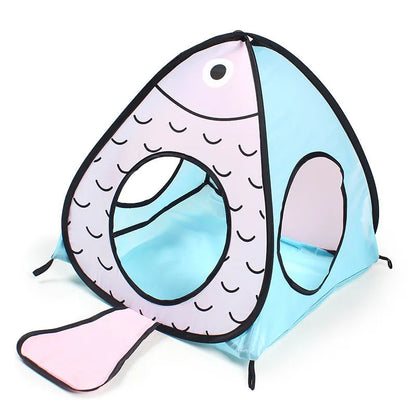 Foldable grey cat tunnel and tent set with fish and paw print design, collapsed flat for storage.