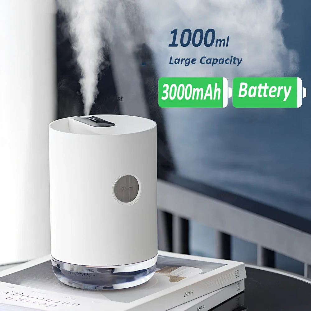 Wireless USB humidifier in blue, pink, or white colours with 1.0-2.5 litre water tank for rooms under 10 square metres