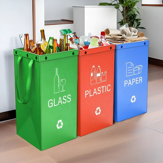 Handbag-style 40-litre garbage bin in blue, showing sorting compartments and 30x50x30cm dimensions