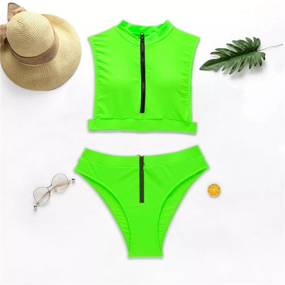 Fluorescent solid bikini swimsuit in yellow, green, and pink, sizes S, M, L
