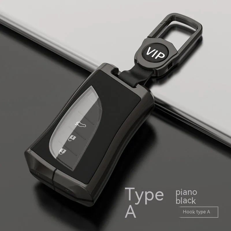 Lexus car key case cover in zinc alloy and TPU shown in black, with optional belt buckle attachment.
