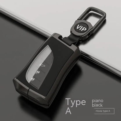 Lexus car key case cover in zinc alloy and TPU shown in black, with optional belt buckle attachment.
