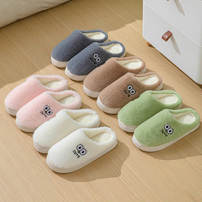 Cozy cartoon slippers with big eyes, available in various colors and sizes for couples to enjoy at home