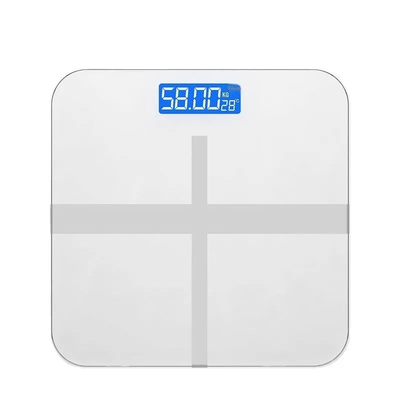 Household digital bathroom scale with large tempered glass top in rose gold finish on white bathroom floor.