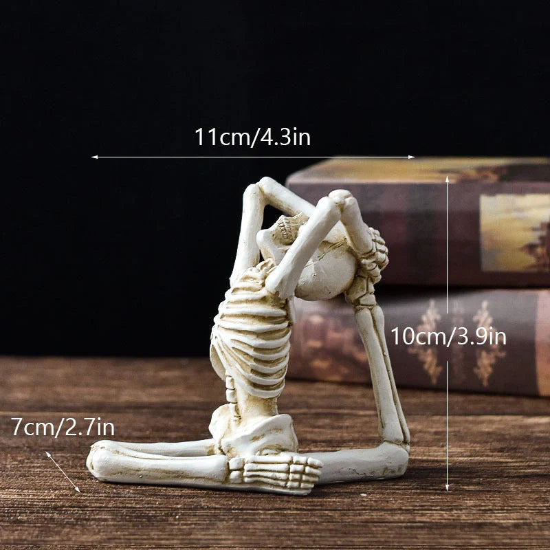 Spooky skeleton desktop decorations featuring intricate resin skulls and skeletons in vintage white and ominous black color options