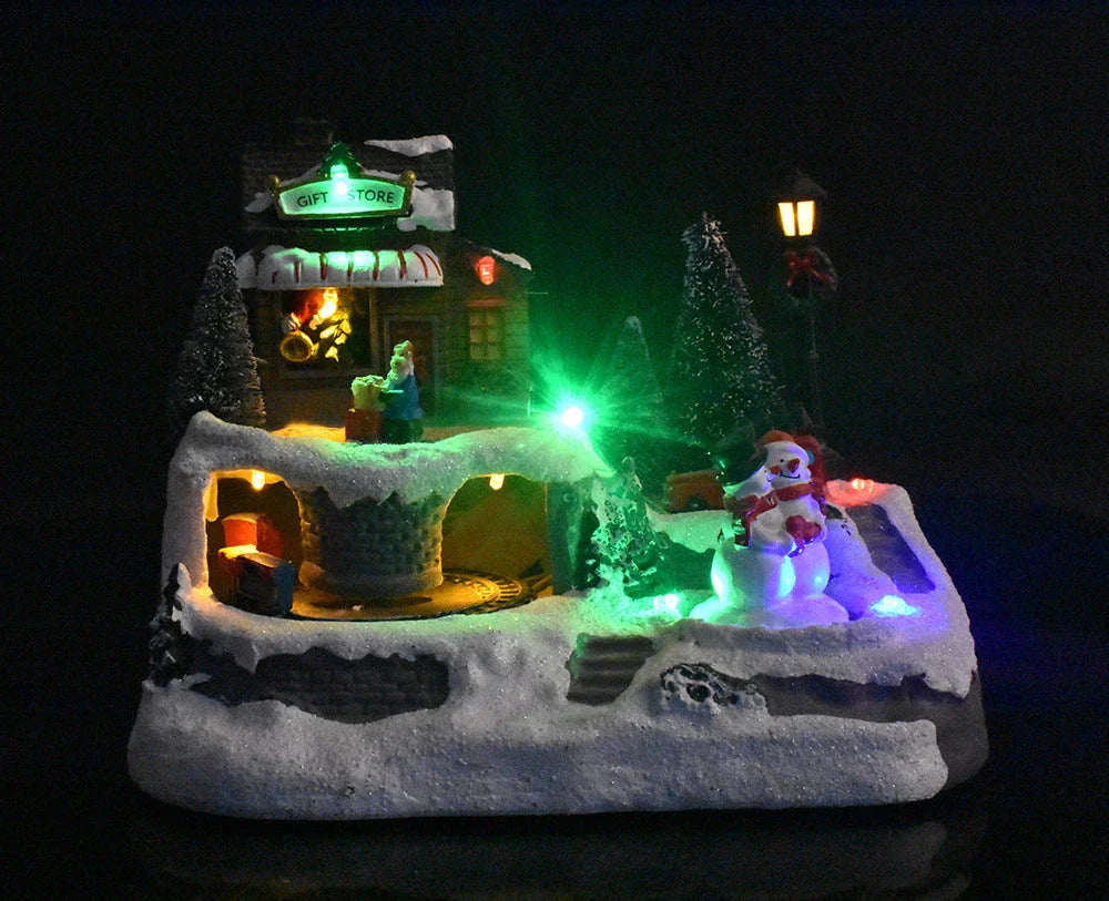Enchanting Christmas house decoration with glowing LED lights, rotating snowman, Santa Claus, and children, and playing classic holiday music