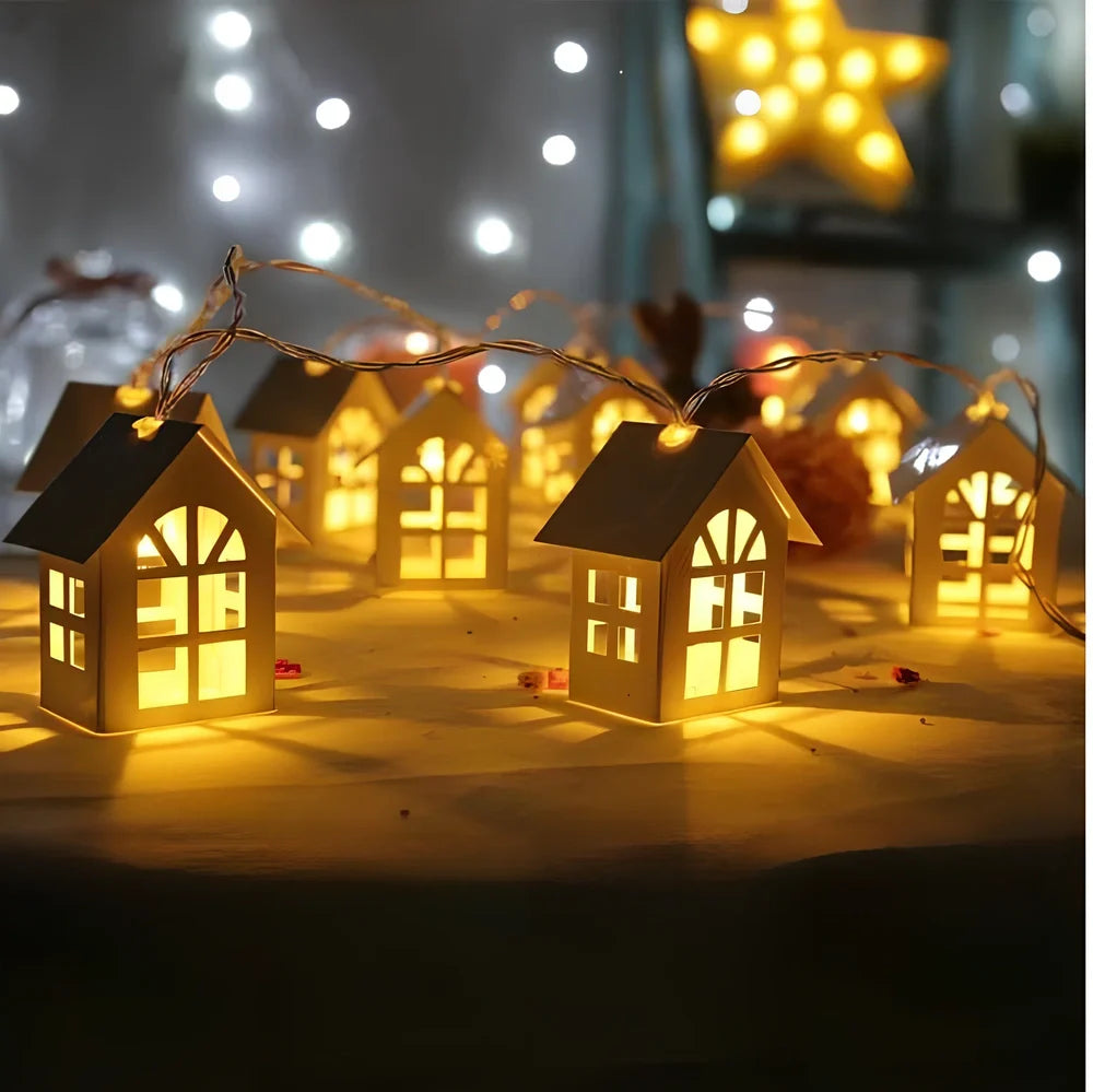 LED fairy light string with 10 wooden house designs on 2-metre cord for Christmas decoration