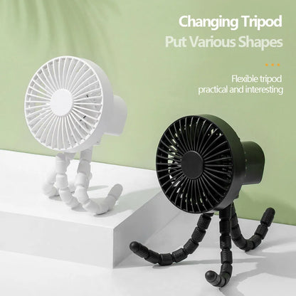 Adjustable bending head tripod fan with octopus-shaped stand in black, green, pink, or white colours