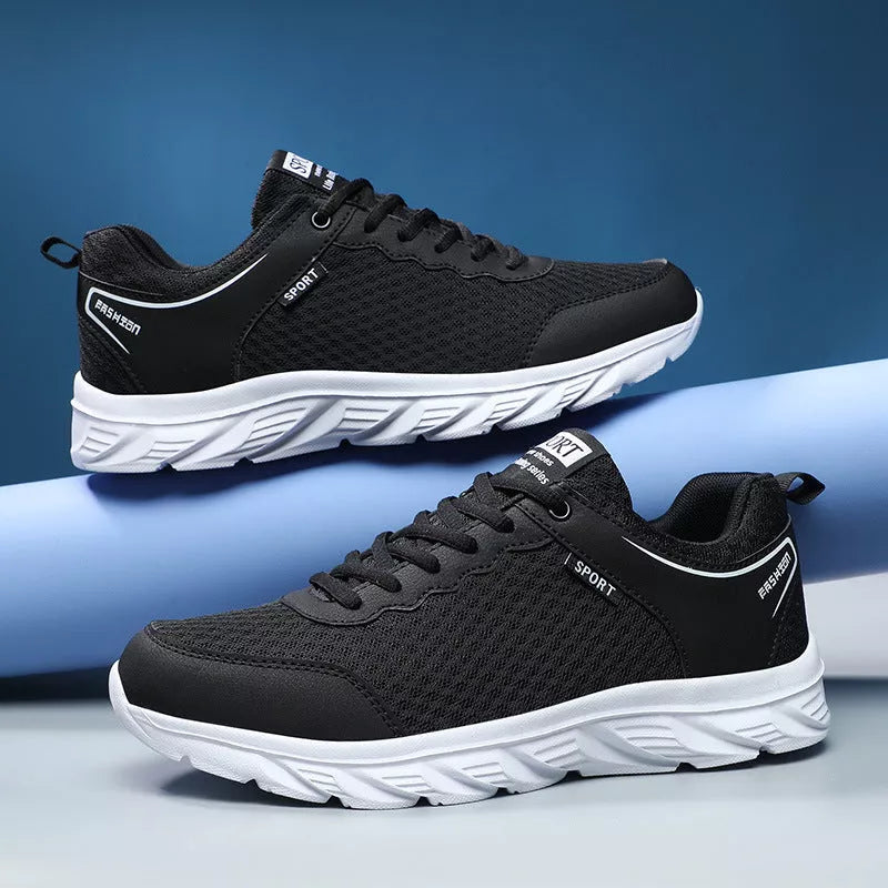 Men's black mesh sports shoes with soft sole for casual wear