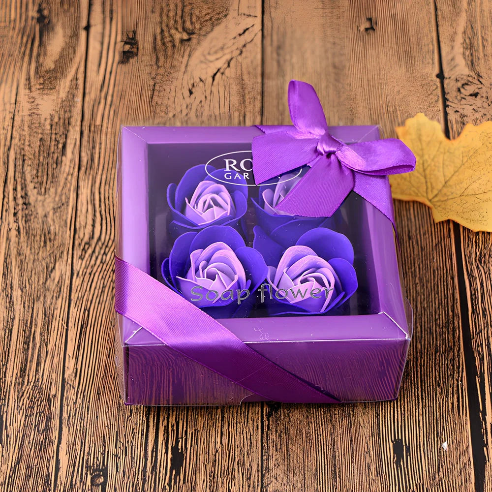 Handmade soap flower gift box in red heart-shaped tin with three blooms and bear, 12x12x5 cm for Valentine's Day