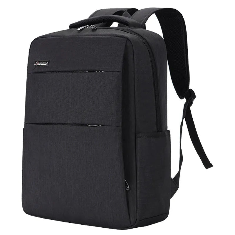 Rechargeable waterproof black Oxford cloth laptop backpack for a 15.6-inch computer.