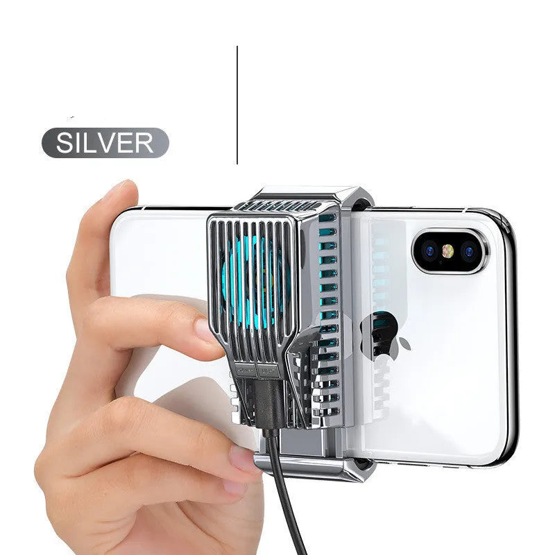 Black mobile phone radiator clip attached to a smartphone, showing aluminium and ceramic cooling surfaces.