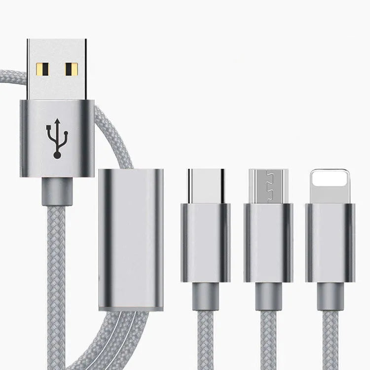 Three-in-one mobile phone charging cable in multiple colours with a 1.2m length.