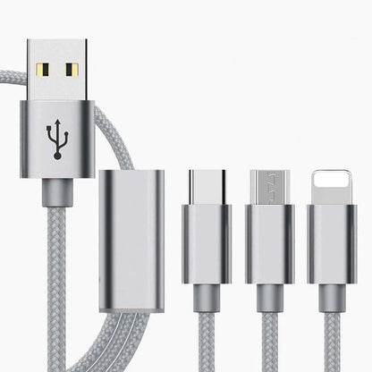 Three-in-one mobile phone charging cable in multiple colours with a 1.2m length.
