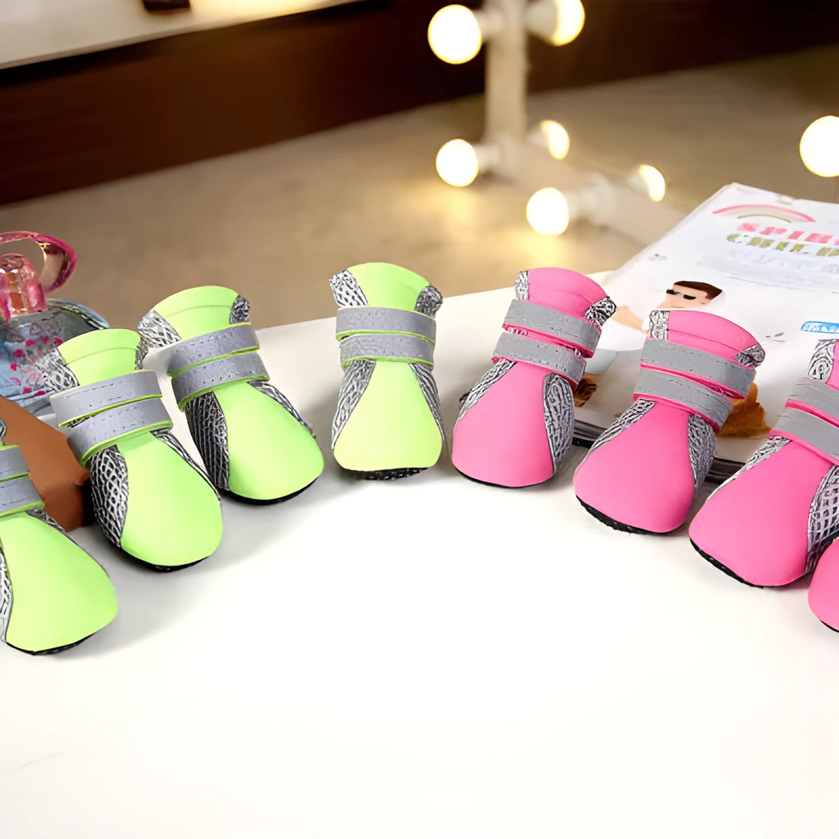 Teddy dog shoes in pink, black or green with reflective double magic wand strap and rubber sole, sizes S to XL