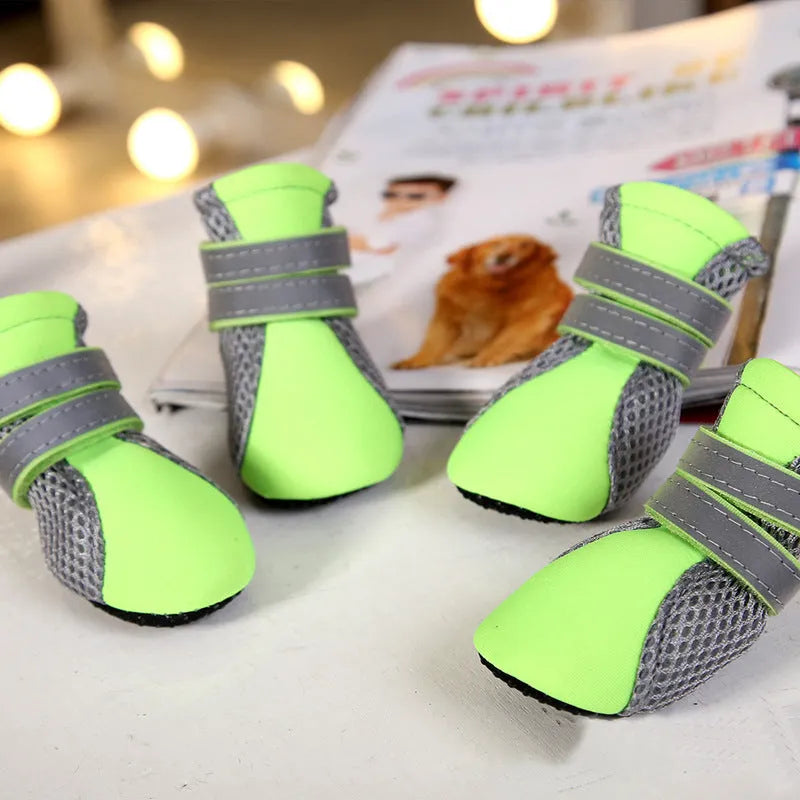 Teddy dog shoes in pink, black or green with reflective double magic wand strap and rubber sole, sizes S to XL