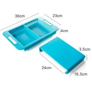 Blue multifunction kitchen chopping board with integrated drain basket and TPE handle