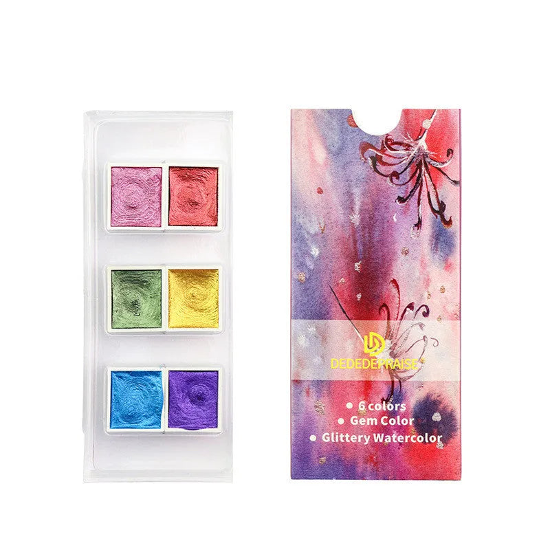 Boxed set of solid watercolour pigment blocks with pearlescent metallic finish in multiple colours