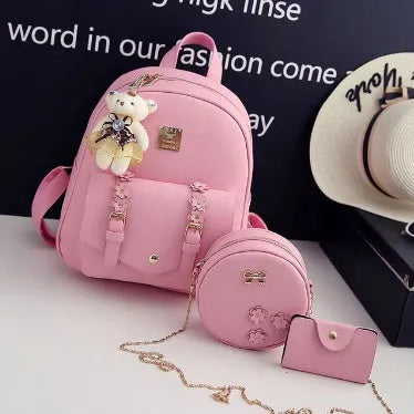 Women's PU leather 3-piece bag set showing backpack, shoulder bag, and card purse in a choice of colours.