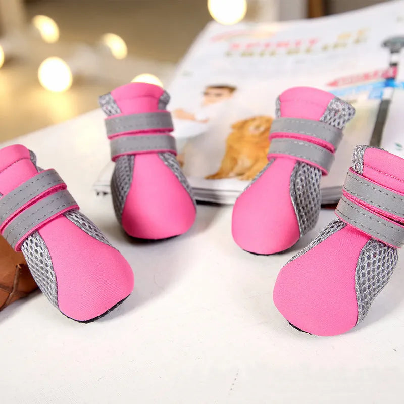 Teddy dog shoes in pink, black or green with reflective double magic wand strap and rubber sole, sizes S to XL