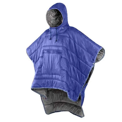 Adult outdoor cloak sleeping bag in Army Green or Grey, showing wearable design and 200x140cm dimensions
