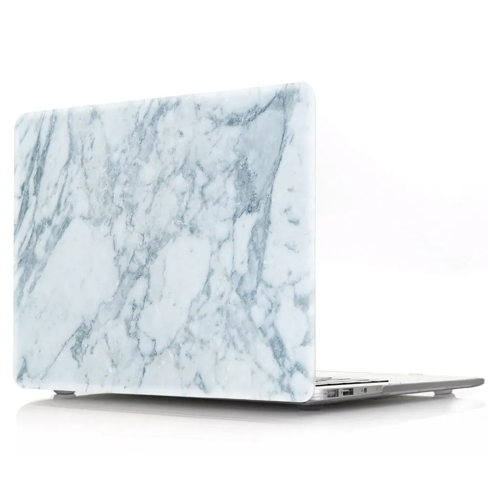 Plastic MacBook protective case in a marble pattern colour, shown next to a compatible Apple laptop.