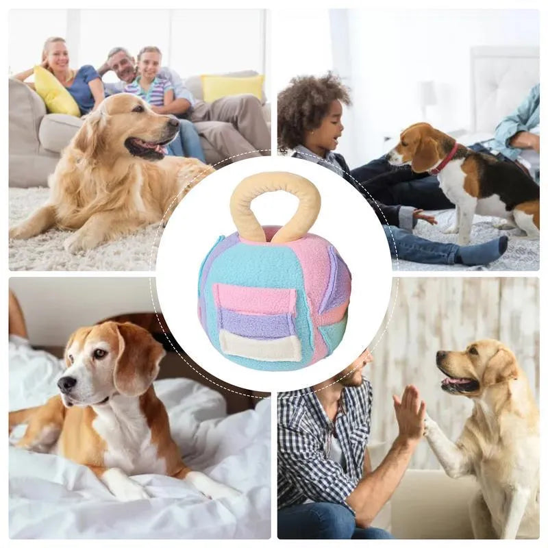Pink and green squeaky plush ball dog toy with treat pockets for interactive play