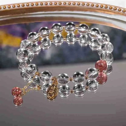 Handmade white crystal bracelet with 8mm beads and U-shaped design on wrist
