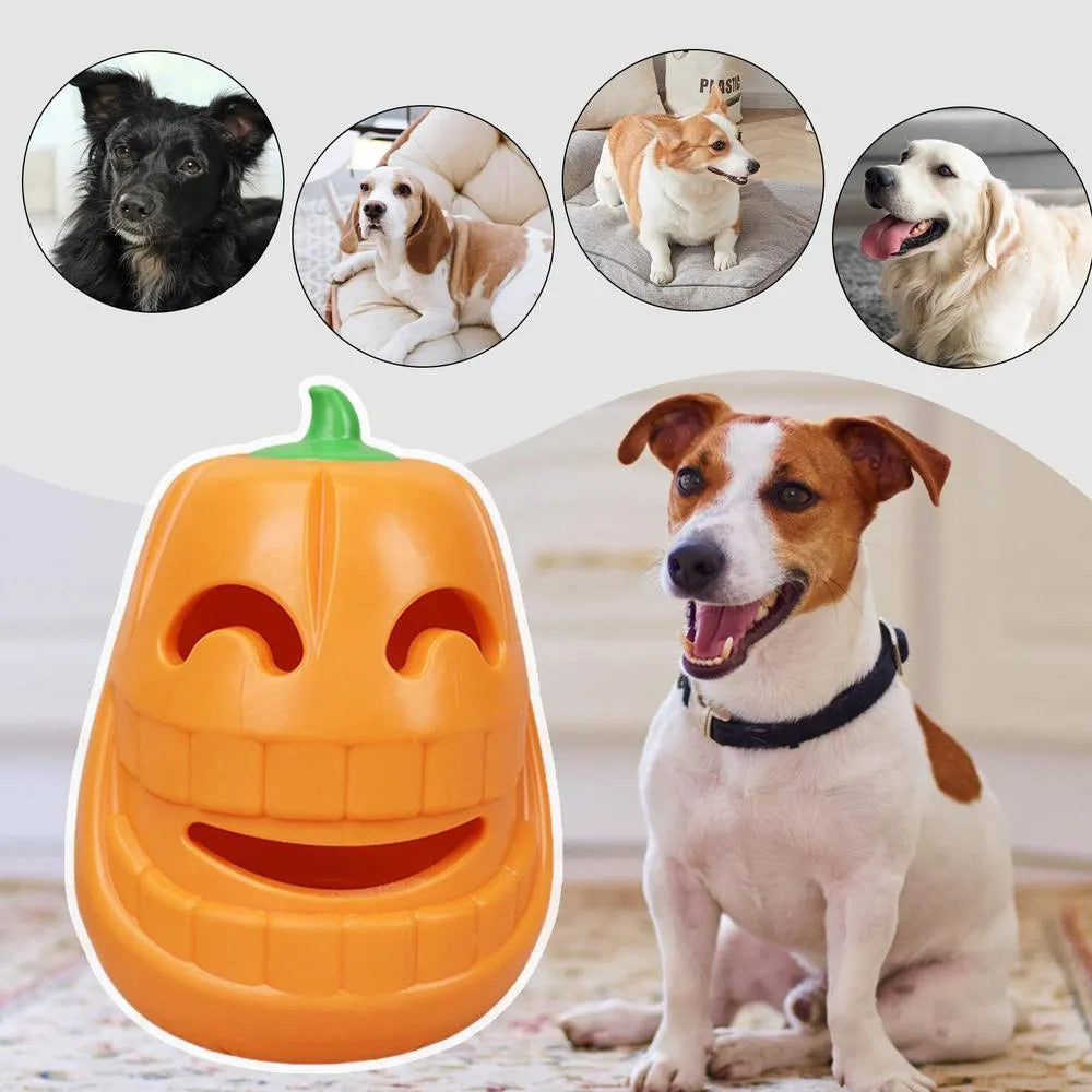 Yellow TPR pumpkin-shaped durable chew toy for aggressive dogs and teething puppies.