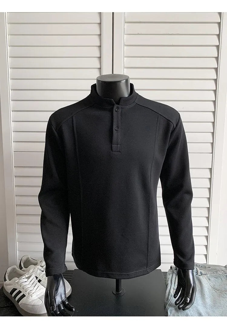Men's asymmetric stand-up collar polo shirt with patchwork shoulders in Chinese cotton, available in three colours and seven sizes