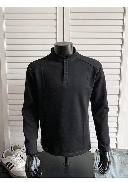 Men's asymmetric stand-up collar polo shirt with patchwork shoulders in Chinese cotton, available in three colours and seven sizes